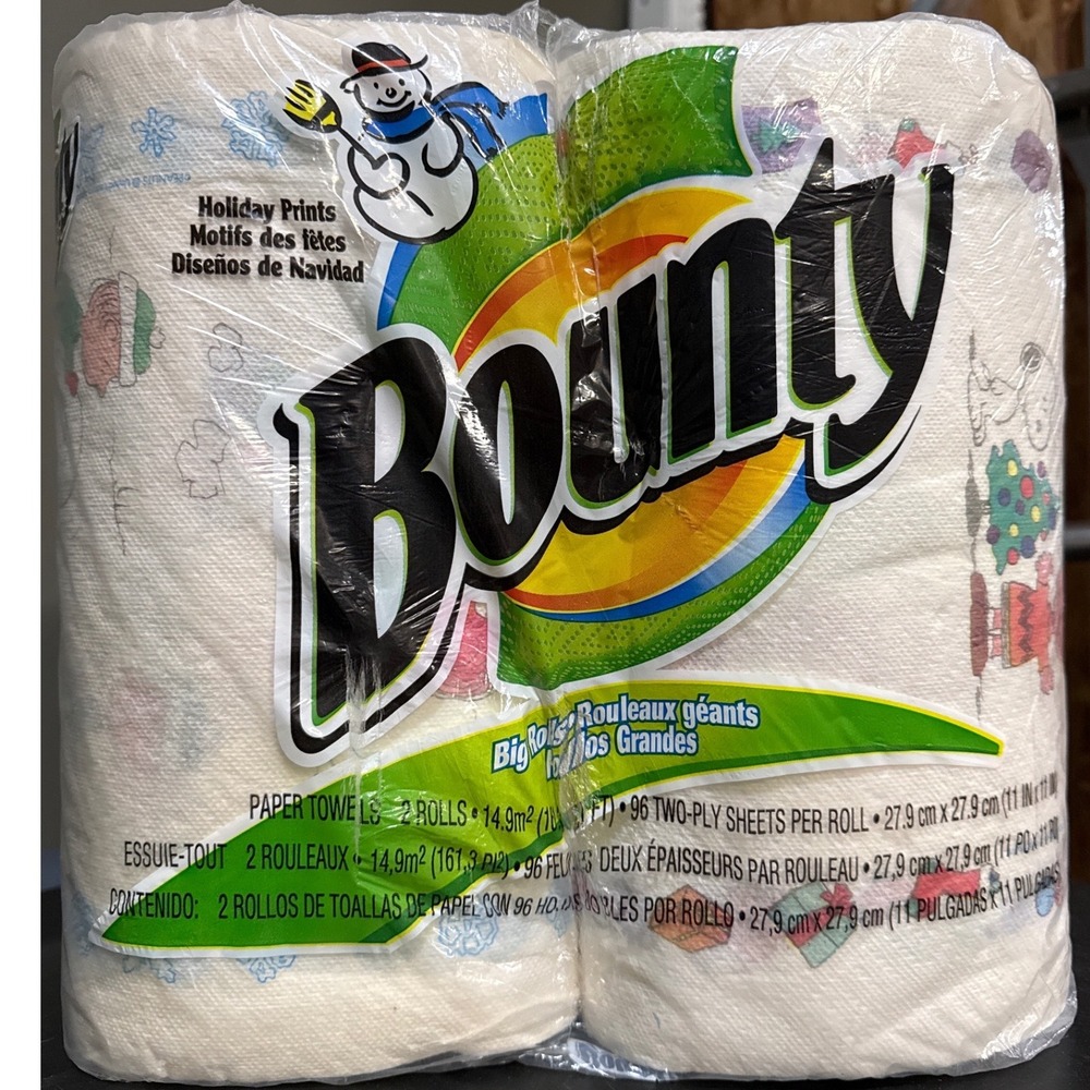 Vintage 1999 Bounty Holiday Prints Paper Towels 2 Big Rolls Snowman Christmas